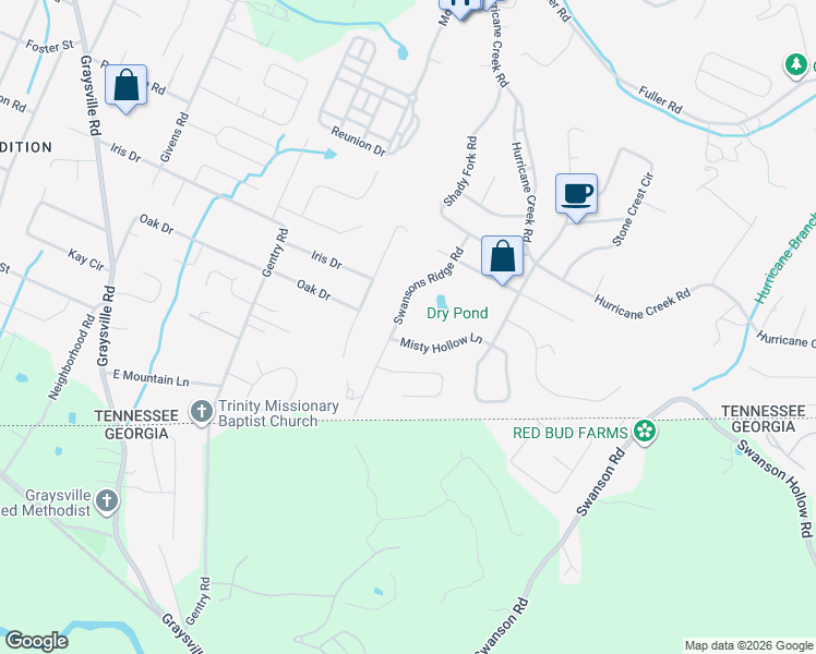 map of restaurants, bars, coffee shops, grocery stores, and more near 8707 Misty Hollow Lane in Chattanooga