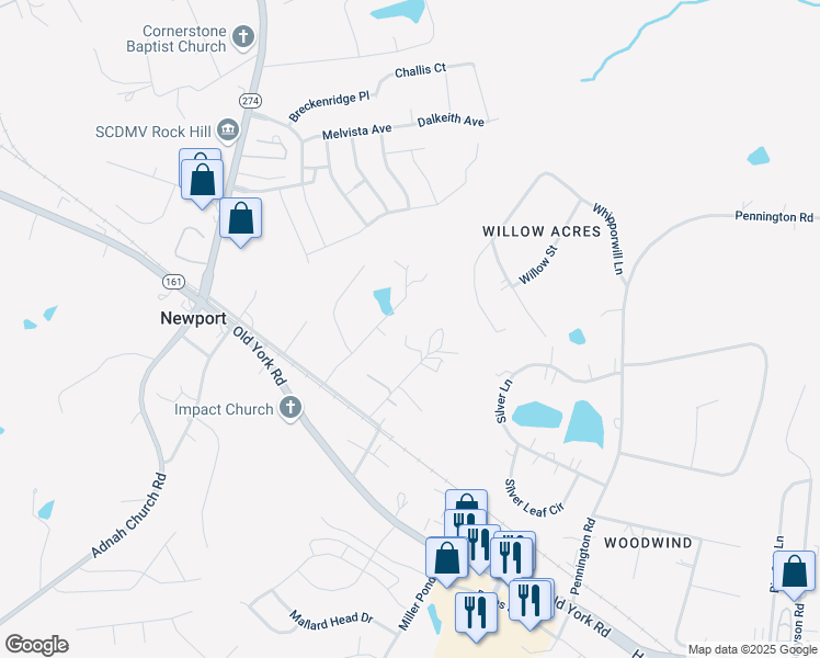 map of restaurants, bars, coffee shops, grocery stores, and more near 5078 Matthews Simril Road in Rock Hill