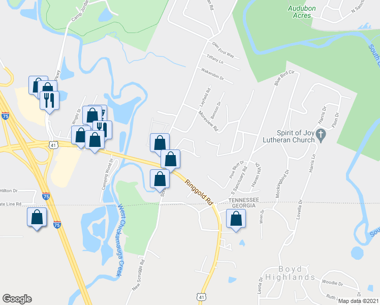 map of restaurants, bars, coffee shops, grocery stores, and more near 728 Frawley Road in Chattanooga