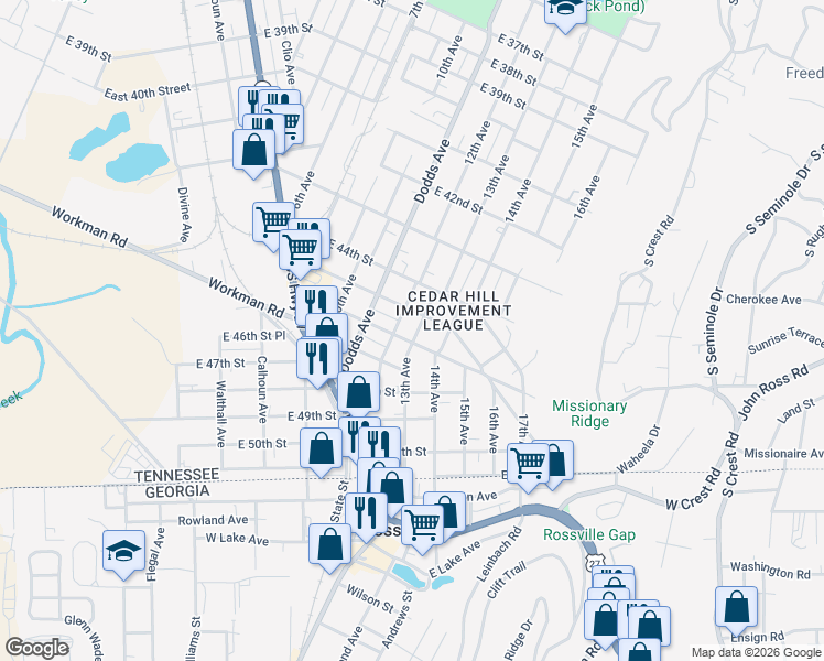 map of restaurants, bars, coffee shops, grocery stores, and more near 4600 13th Avenue in Chattanooga