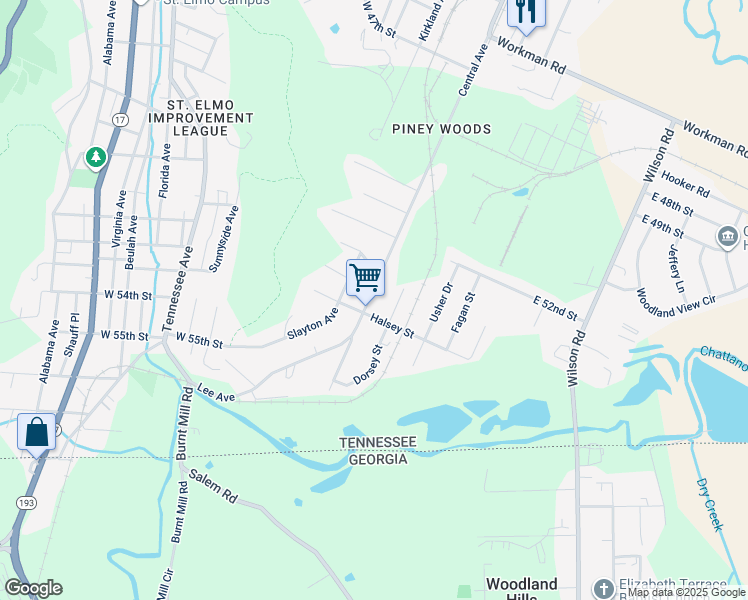 map of restaurants, bars, coffee shops, grocery stores, and more near 5239 Dorsey Street in Chattanooga