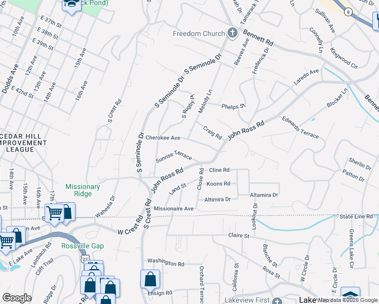 map of restaurants, bars, coffee shops, grocery stores, and more near 3623 Sunrise Terrace in Chattanooga