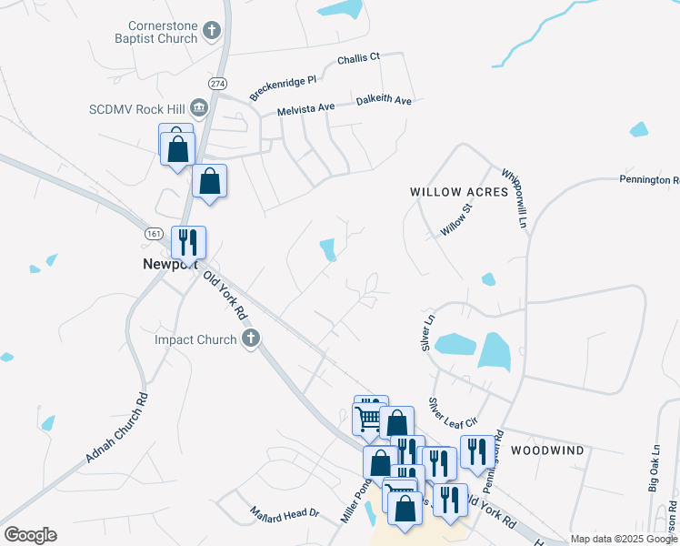 map of restaurants, bars, coffee shops, grocery stores, and more near 5078 Matthews Simril Road in Rock Hill
