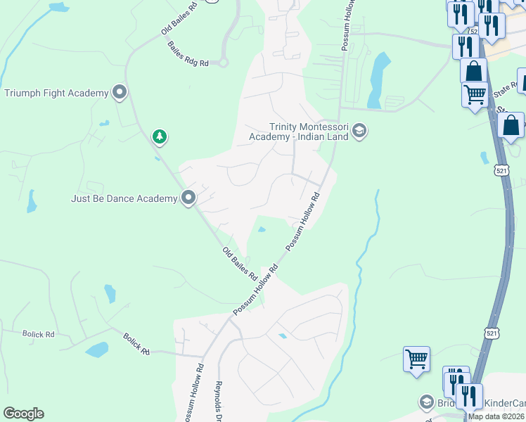 map of restaurants, bars, coffee shops, grocery stores, and more near 1113 Bassett Way in Indian Land