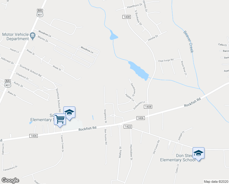 map of restaurants, bars, coffee shops, grocery stores, and more near 511 Driftwood Lane in Raeford