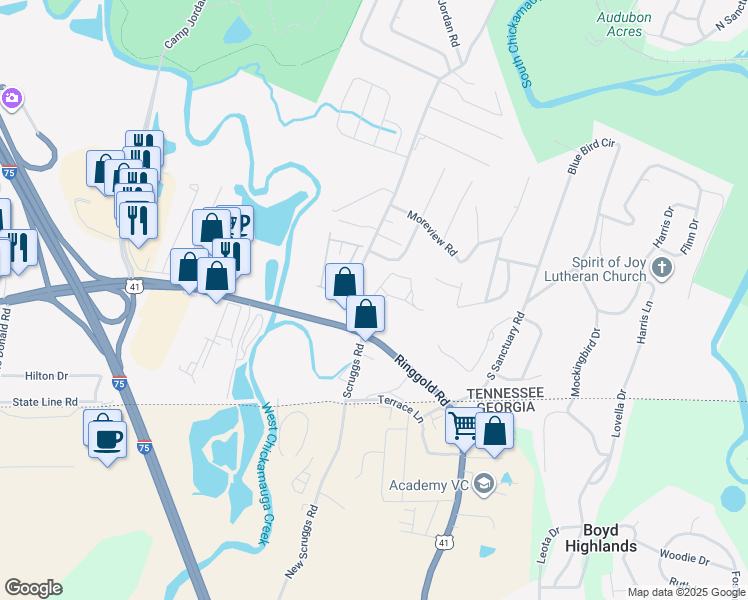 map of restaurants, bars, coffee shops, grocery stores, and more near 728 Frawley Road in Chattanooga