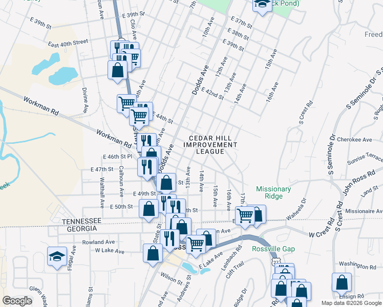 map of restaurants, bars, coffee shops, grocery stores, and more near 4600 13th Avenue in Chattanooga