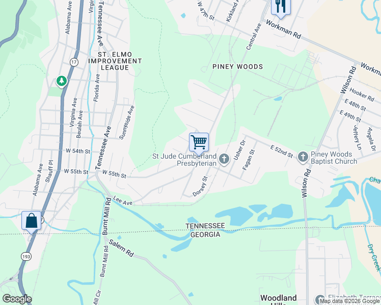map of restaurants, bars, coffee shops, grocery stores, and more near 5303 Central Avenue in Chattanooga