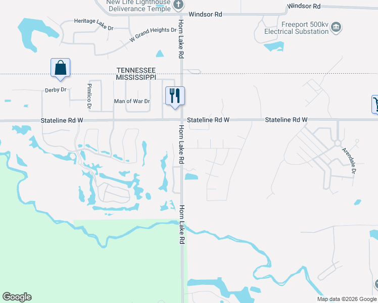 map of restaurants, bars, coffee shops, grocery stores, and more near 8856 Horn Lake Road in Southaven