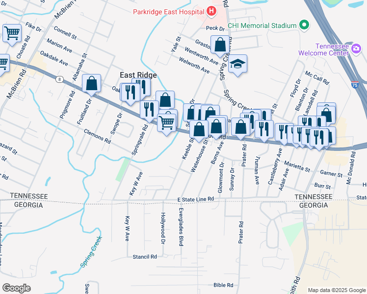 map of restaurants, bars, coffee shops, grocery stores, and more near 1516 Keeble Street in Chattanooga