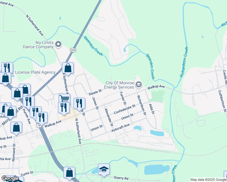 map of restaurants, bars, coffee shops, grocery stores, and more near 2005 Bass Creek Court in Monroe