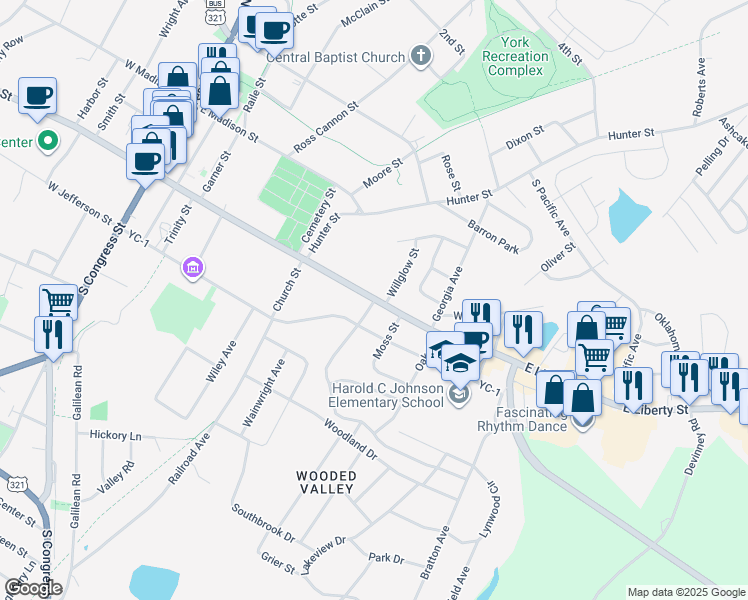 map of restaurants, bars, coffee shops, grocery stores, and more near 1 Springdale Drive in York