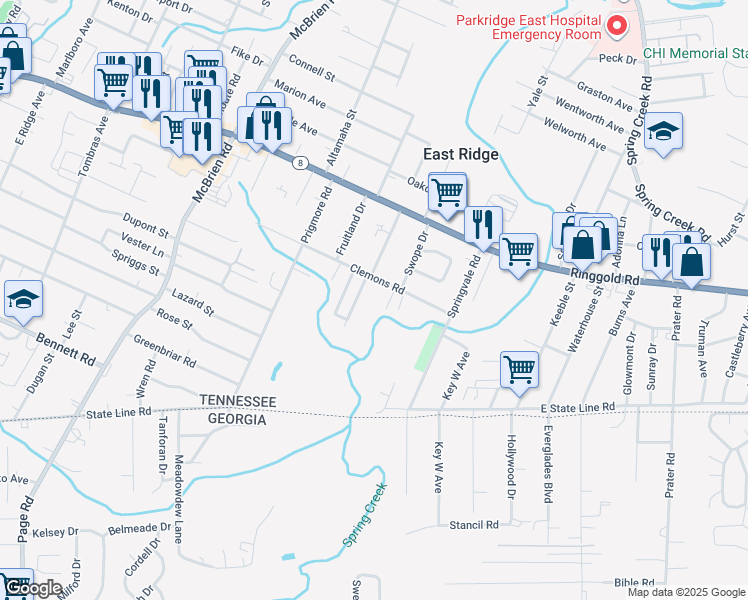 map of restaurants, bars, coffee shops, grocery stores, and more near 1614 Maxwell Road in Chattanooga