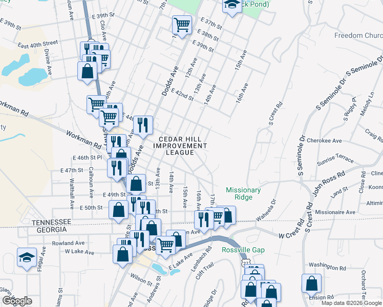 map of restaurants, bars, coffee shops, grocery stores, and more near 3120 East 44th Street in Chattanooga