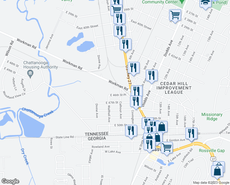 map of restaurants, bars, coffee shops, grocery stores, and more near 1520 East 46th Street Place in Chattanooga