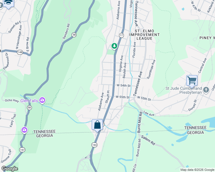 map of restaurants, bars, coffee shops, grocery stores, and more near 5407 Shauff Place in Chattanooga