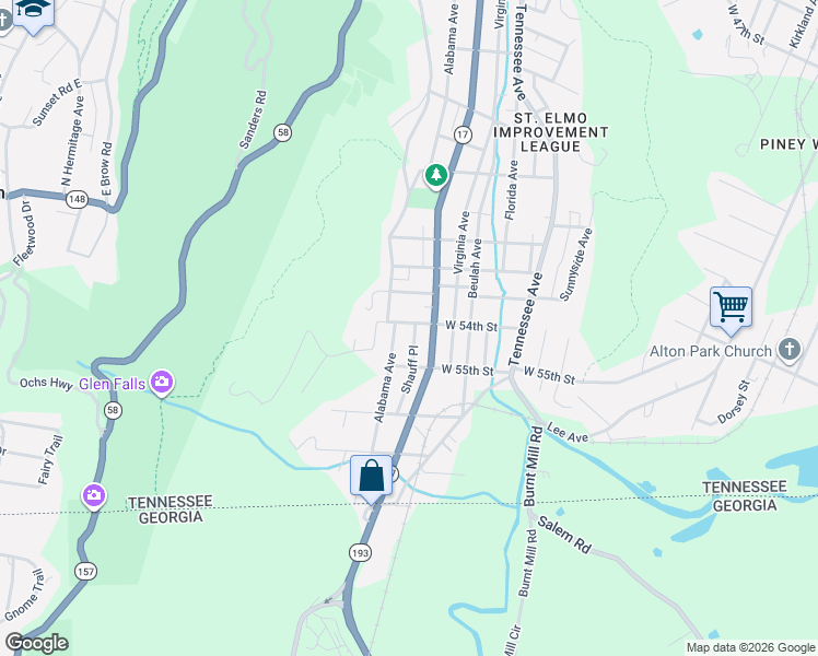 map of restaurants, bars, coffee shops, grocery stores, and more near 5407 Shauff Place in Chattanooga