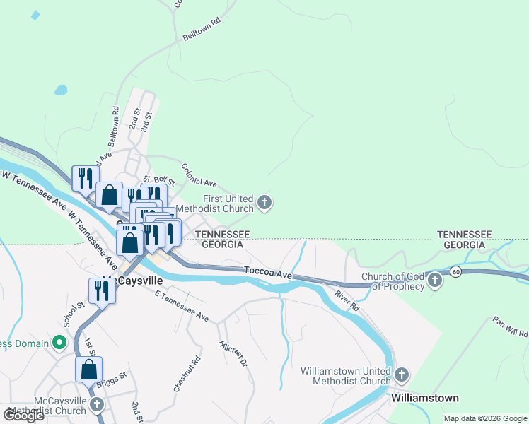 map of restaurants, bars, coffee shops, grocery stores, and more near 146 Scenic Drive in Copperhill