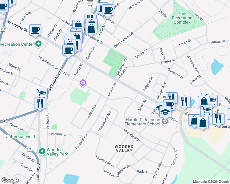 map of restaurants, bars, coffee shops, grocery stores, and more near 310 East Jefferson Street in York