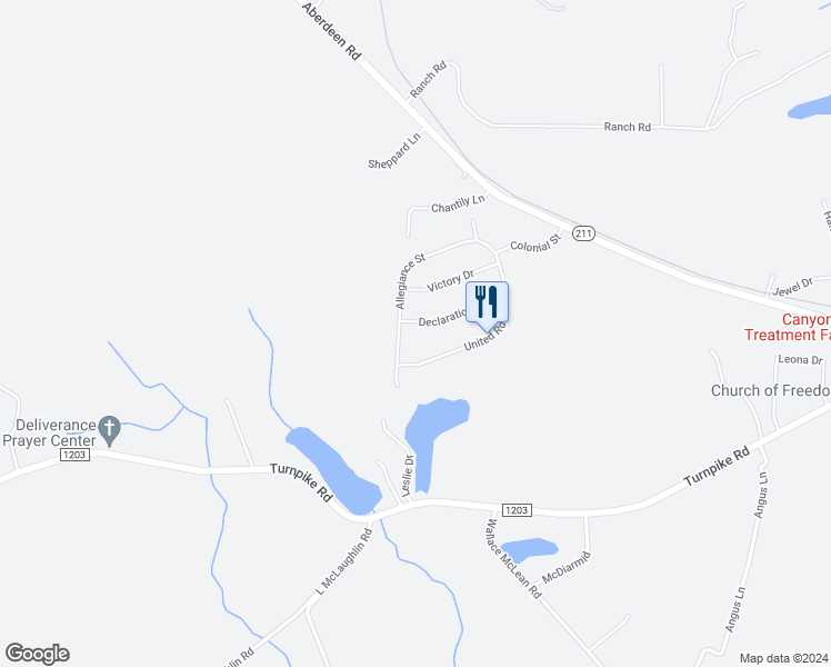 map of restaurants, bars, coffee shops, grocery stores, and more near 303 Declaration Drive in Raeford