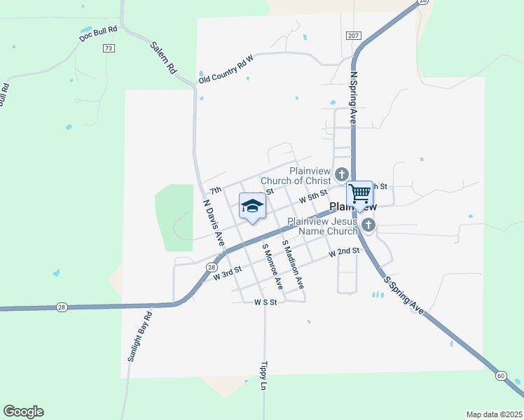 map of restaurants, bars, coffee shops, grocery stores, and more near 501 West 5th in Plainview