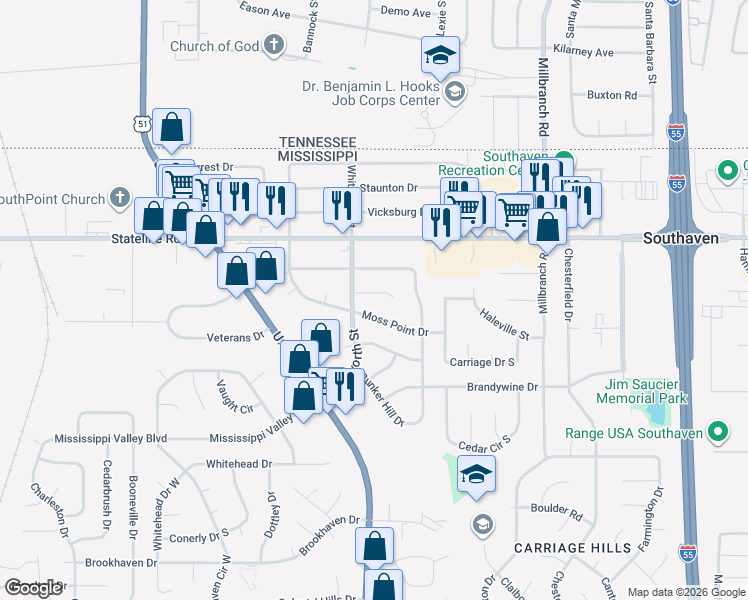 map of restaurants, bars, coffee shops, grocery stores, and more near 1445 Whitworth Cove in Southaven
