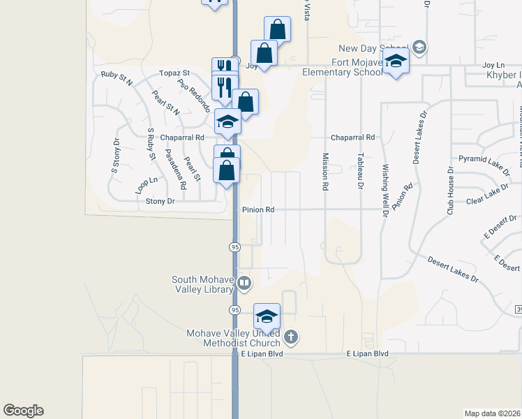 map of restaurants, bars, coffee shops, grocery stores, and more near Frontage Road in Fort Mohave