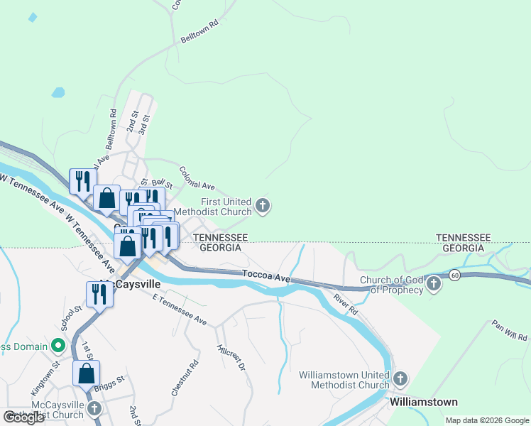 map of restaurants, bars, coffee shops, grocery stores, and more near 146 Scenic Drive in Copperhill