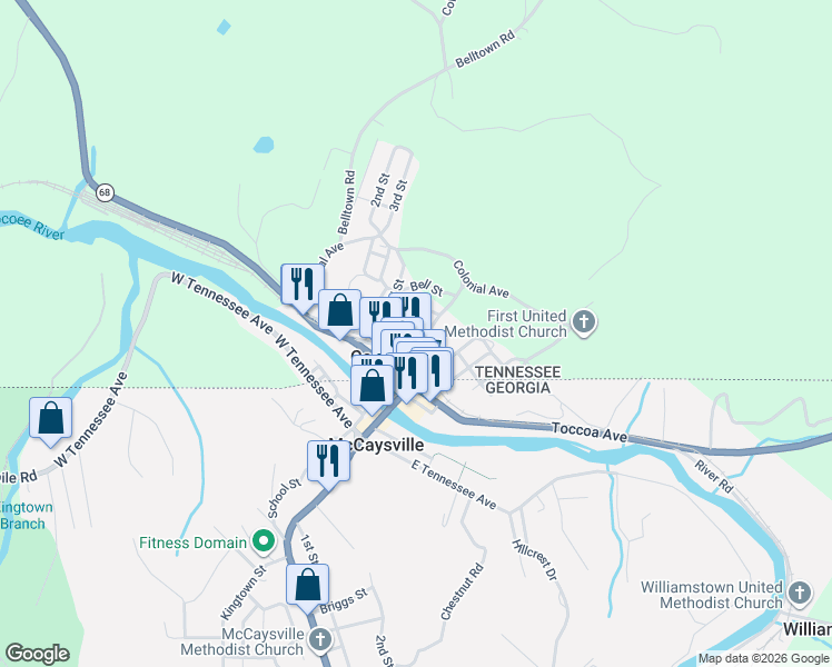 map of restaurants, bars, coffee shops, grocery stores, and more near in Copperhill