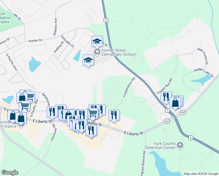 map of restaurants, bars, coffee shops, grocery stores, and more near 677 Candela Court in York