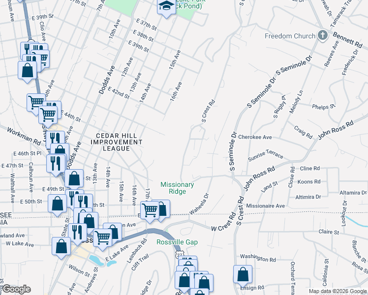 map of restaurants, bars, coffee shops, grocery stores, and more near 678 South Crest Road in Chattanooga
