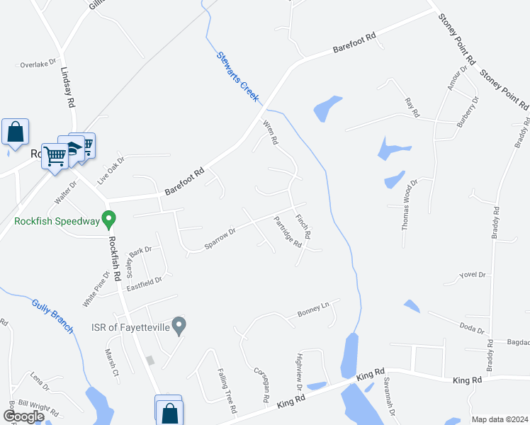 map of restaurants, bars, coffee shops, grocery stores, and more near 401 Sparrow Drive in Fayetteville