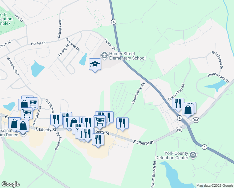 map of restaurants, bars, coffee shops, grocery stores, and more near 677 Candela Court in York
