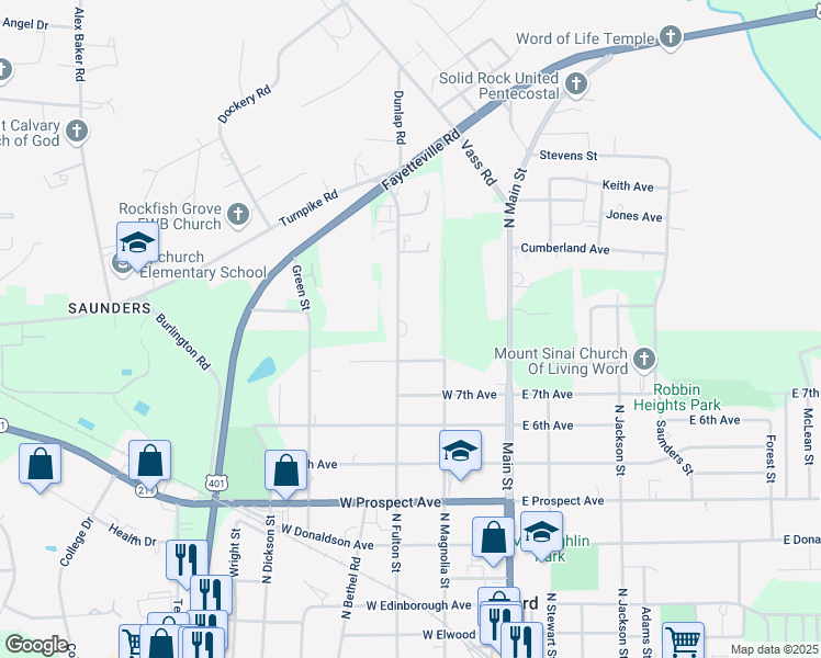 map of restaurants, bars, coffee shops, grocery stores, and more near 1007 North Fulton Street in Raeford