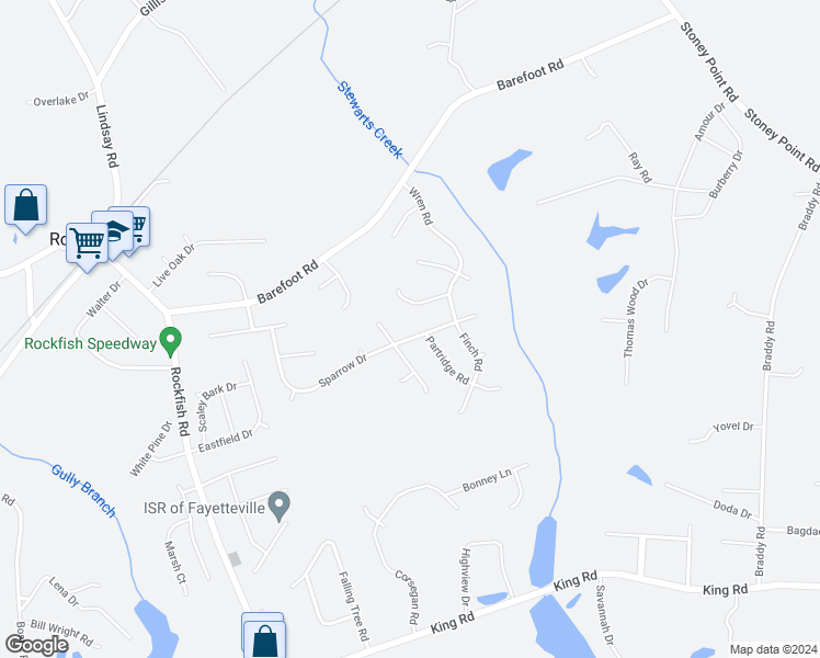 map of restaurants, bars, coffee shops, grocery stores, and more near 401 Sparrow Drive in Fayetteville