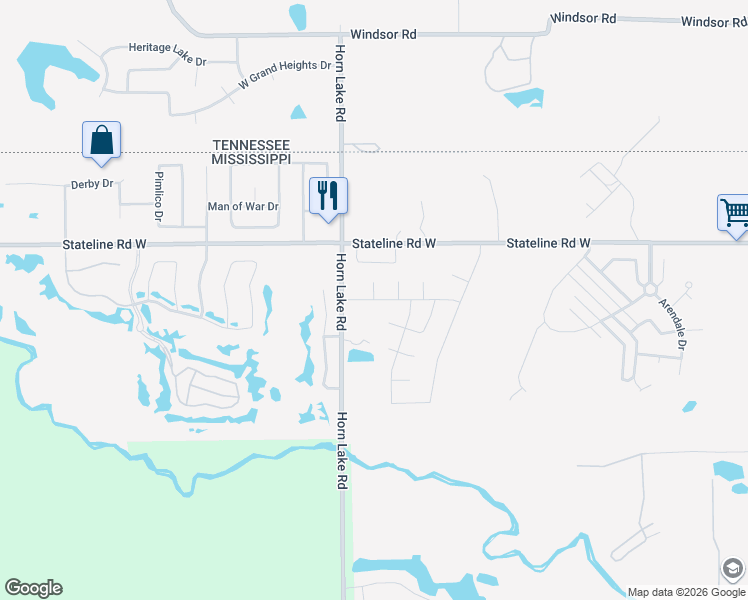 map of restaurants, bars, coffee shops, grocery stores, and more near Rasco Hills Drive in Southaven