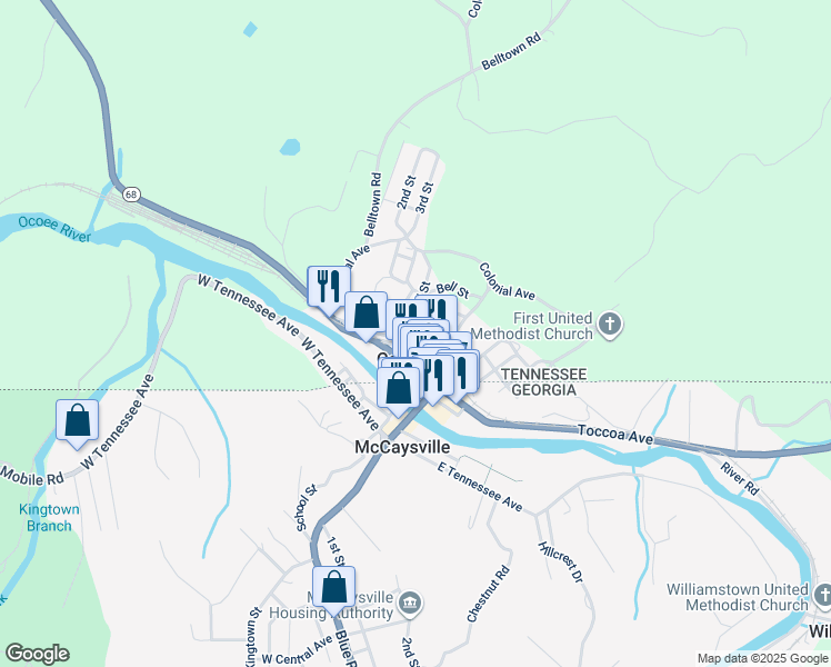map of restaurants, bars, coffee shops, grocery stores, and more near 130 Hill Street in Copperhill