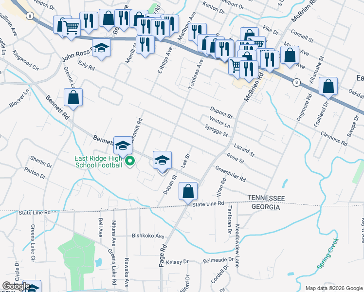 map of restaurants, bars, coffee shops, grocery stores, and more near 4316 Lazard Street in Chattanooga
