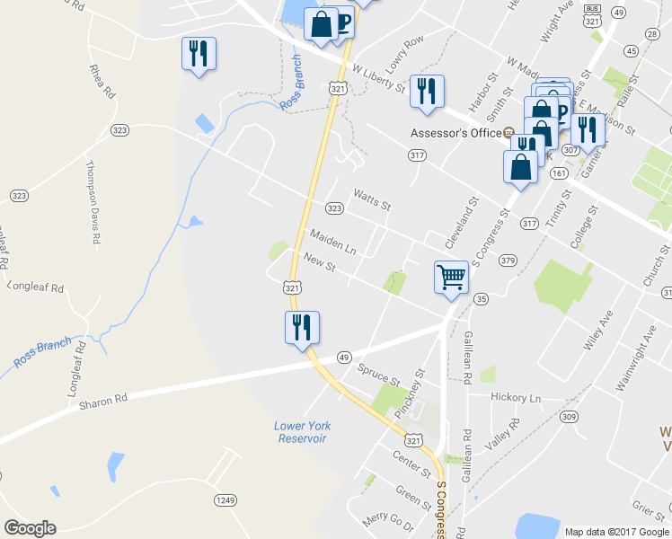 map of restaurants, bars, coffee shops, grocery stores, and more near 307 New Street in York