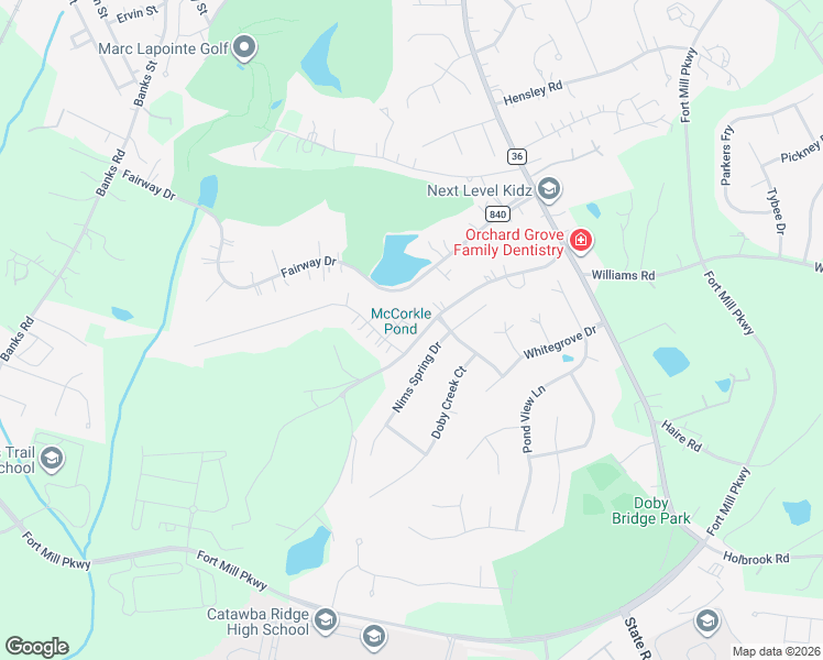 map of restaurants, bars, coffee shops, grocery stores, and more near 104 Finch Loop Road in Fort Mill