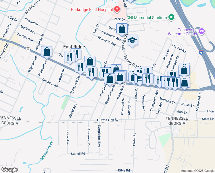 map of restaurants, bars, coffee shops, grocery stores, and more near 5740 Ringgold Road in East Ridge