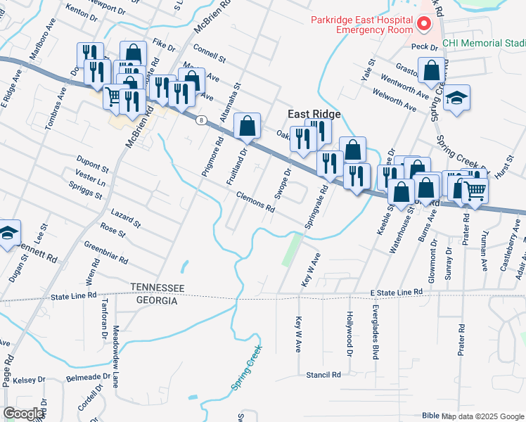 map of restaurants, bars, coffee shops, grocery stores, and more near 5515 Clemons Road in Chattanooga
