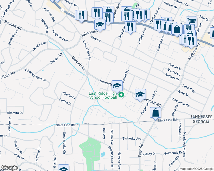 map of restaurants, bars, coffee shops, grocery stores, and more near 2031 Pioneer Ridge Trail in Chattanooga
