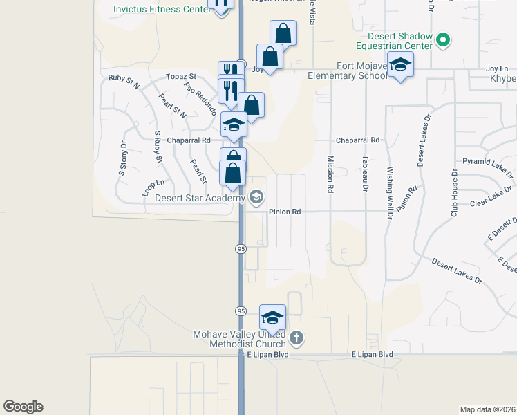 map of restaurants, bars, coffee shops, grocery stores, and more near Frontage Rd in Fort Mohave