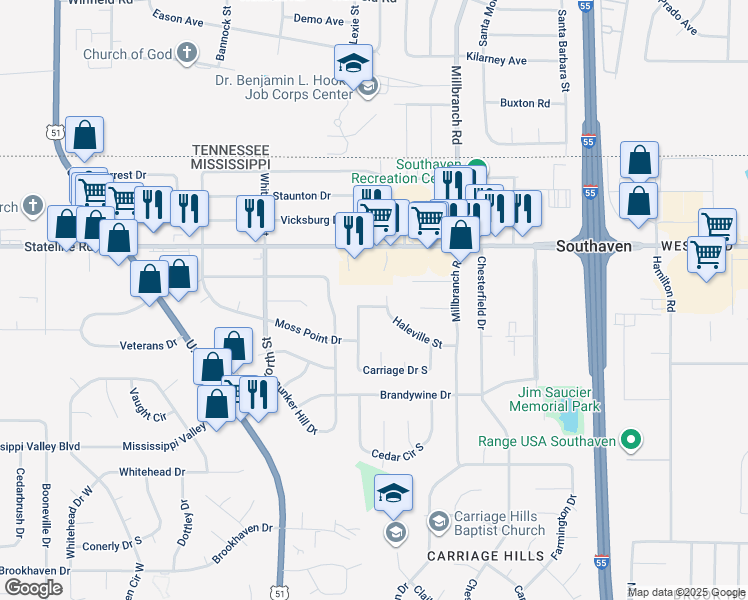 map of restaurants, bars, coffee shops, grocery stores, and more near 1240 5 Oaks Drive North in Southaven