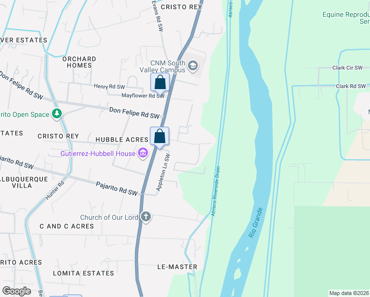 map of restaurants, bars, coffee shops, grocery stores, and more near 1901 Las Rosas Road Southwest in Albuquerque