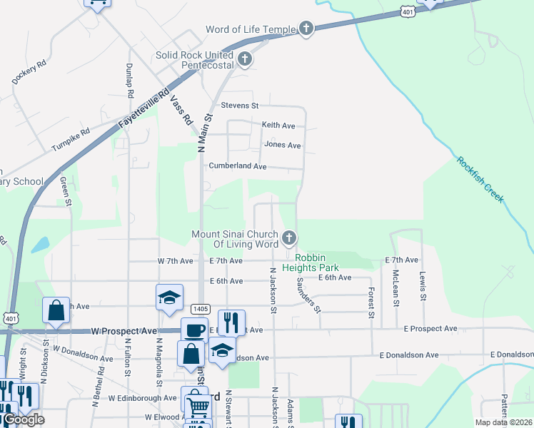 map of restaurants, bars, coffee shops, grocery stores, and more near 922 Johnson Street in Raeford