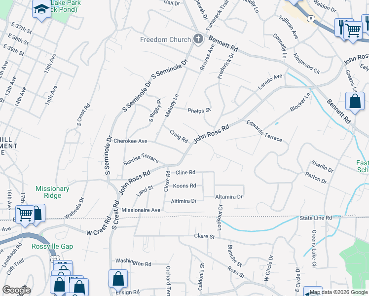 map of restaurants, bars, coffee shops, grocery stores, and more near 3616 Craig Road in Chattanooga