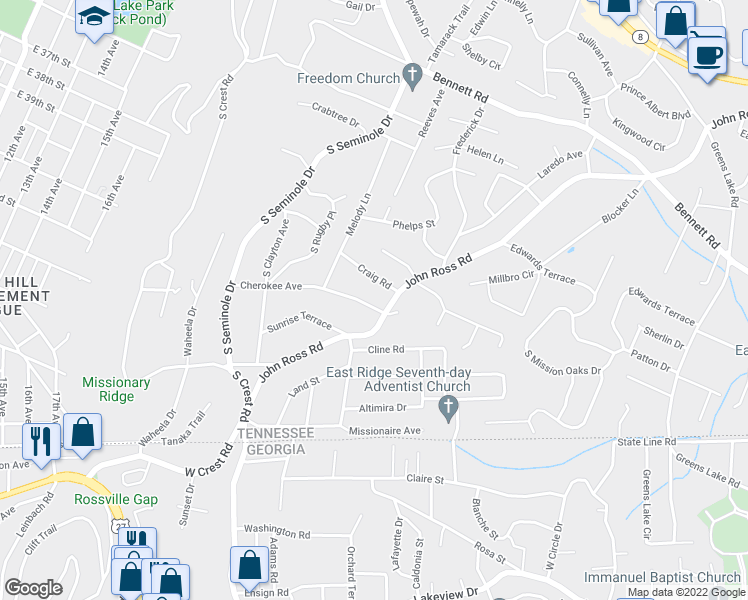 map of restaurants, bars, coffee shops, grocery stores, and more near 3629 Cherokee Avenue in Chattanooga