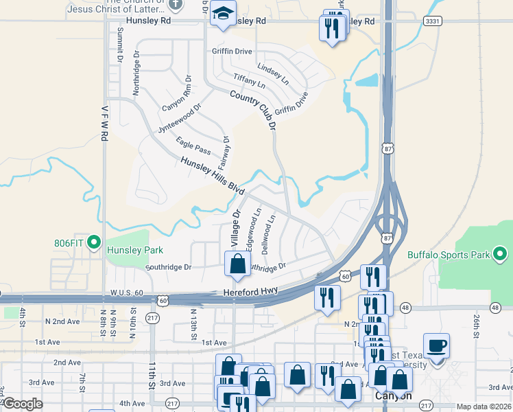 map of restaurants, bars, coffee shops, grocery stores, and more near 22-24 Village Dr in Canyon